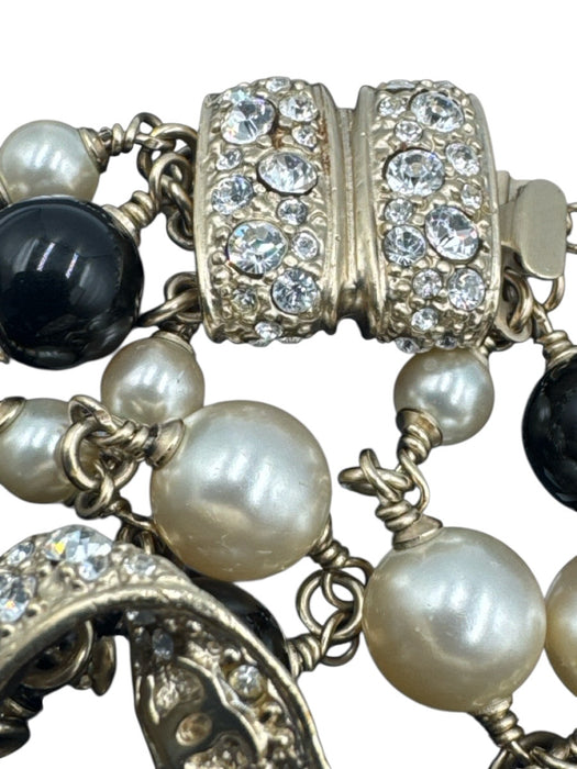 Chanel Gold, White & Black Gold Plated Faux Pearl Bow Rhinestone Bracelet Gold, White & Black
