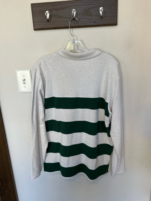 Tasc Size M Cream & Green Organic Cotton Blend Long Sleeve Striped Collar Top