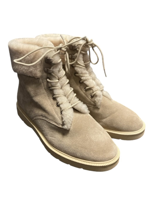 Vince Shoe Size 38 Beige & Cream Suede & Lamb Fur Lace Up Almond Toe Ankle Boots Beige & Cream / 38