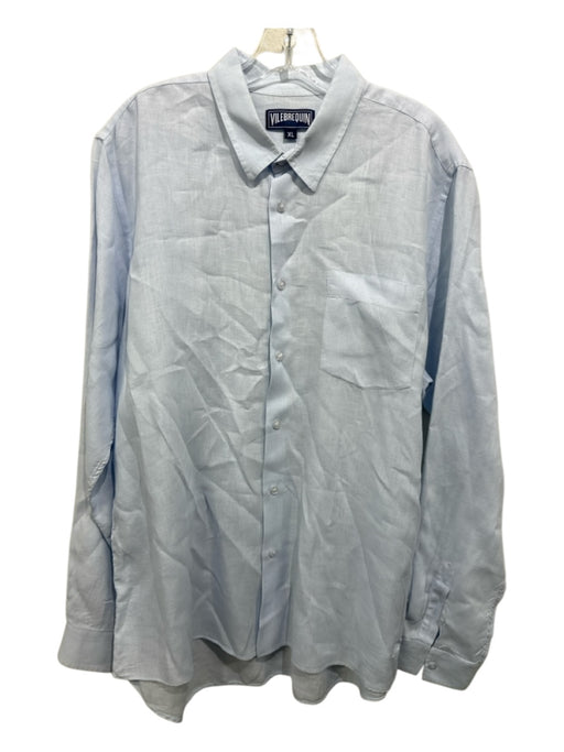 Vilebrequin Size XL Light blue Linen Solid Button Up Men's Long Sleeve Shirt Light blue / XL