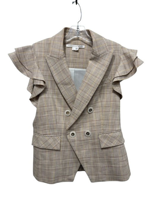 Veronica Beard Size 6 Beige Wool Blend Houndstooth Plaid Flutter Shoulder Jacket Beige / 6