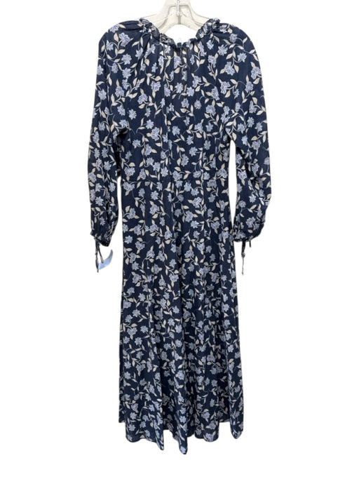 Kivari Size 4 Navy Blue & Beige Cotton Floral Long Balloon Sleeve V Neck Dress Navy Blue & Beige / 4