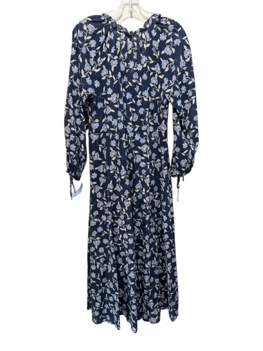 Kivari Size 4 Navy Blue & Beige Cotton Floral Long Balloon Sleeve V Neck Dress Navy Blue & Beige / 4