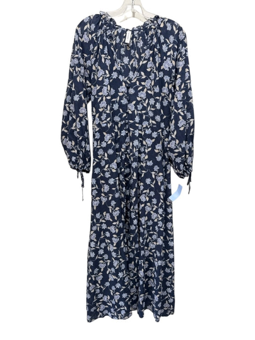 Kivari Size 4 Navy Blue & Beige Cotton Floral Long Balloon Sleeve V Neck Dress Navy Blue & Beige / 4