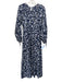 Kivari Size 4 Navy Blue & Beige Cotton Floral Long Balloon Sleeve V Neck Dress Navy Blue & Beige / 4