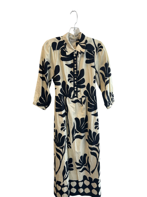 Maude Vivante Size XS Ivory & Black Cotton Collared Button Down 3/4 Sleeve Dress Ivory & Black / XS