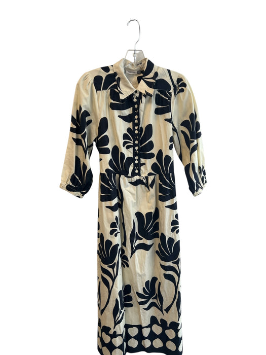 Maude Vivante Size XS Ivory & Black Cotton Collared Button Down 3/4 Sleeve Dress Ivory & Black / XS