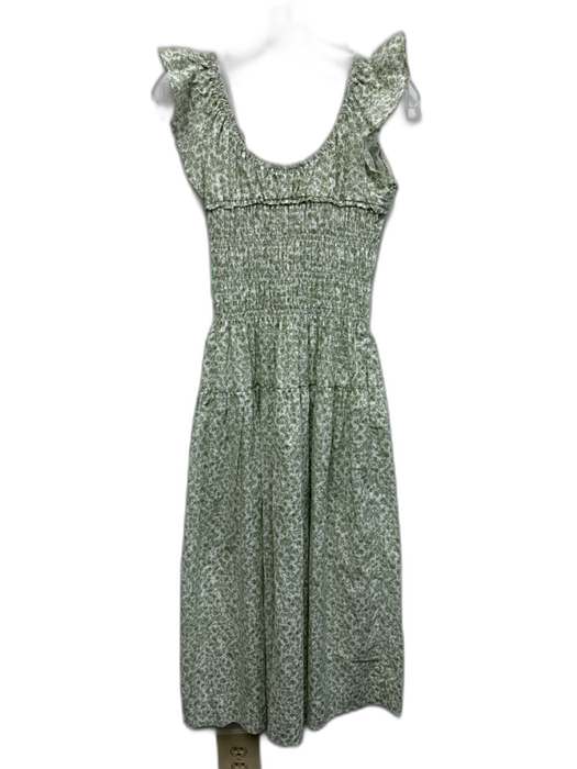 Greylin Size XS Green & Cream Cotton Shirred Floral Flutter Sleeve Midi Dress Green & Cream / XS