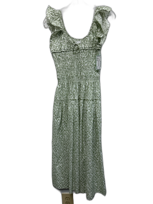Greylin Size XS Green & Cream Cotton Shirred Floral Flutter Sleeve Midi Dress Green & Cream / XS