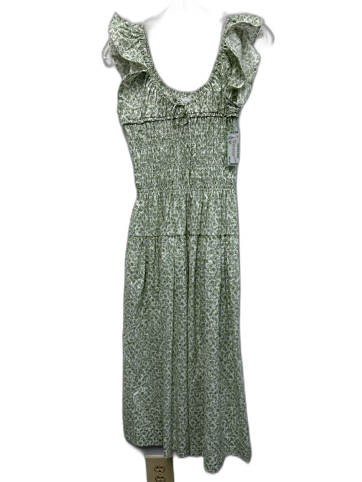Greylin Size XS Green & Cream Cotton Shirred Floral Flutter Sleeve Midi Dress Green & Cream / XS