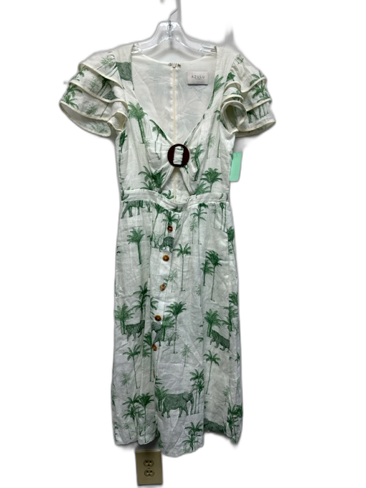 Azulu Size 2 Green & White Linen O ring detail Palm Trees Cut Out Midi Dress Green & White / 2