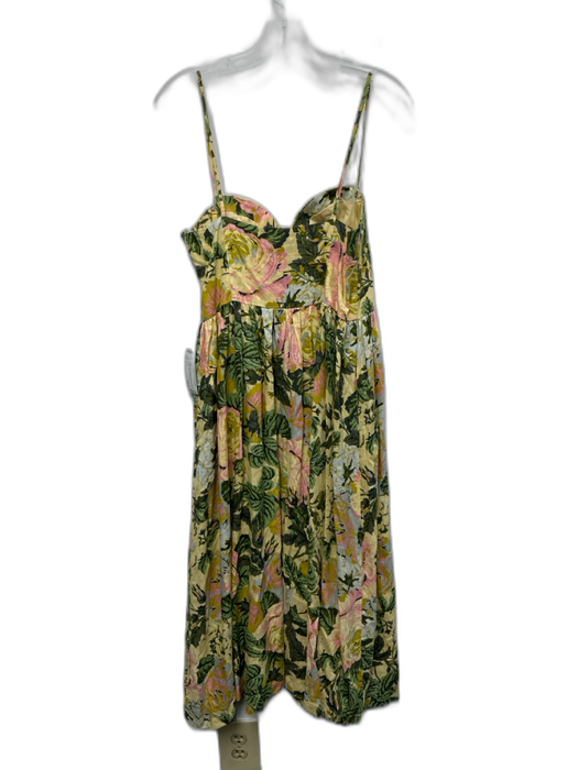 Hausen Size L Yellow, Green, Pink Linen Blend Floral bustier Midi Dress Yellow, Green, Pink / L