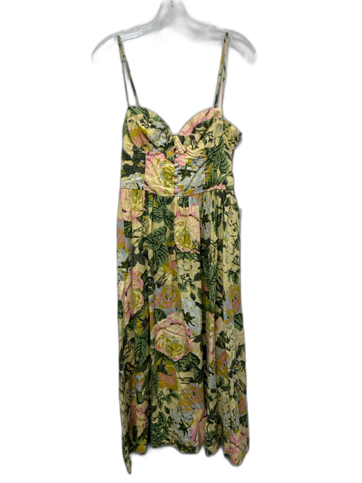 Hausen Size L Yellow, Green, Pink Linen Blend Floral bustier Midi Dress Yellow, Green, Pink / L