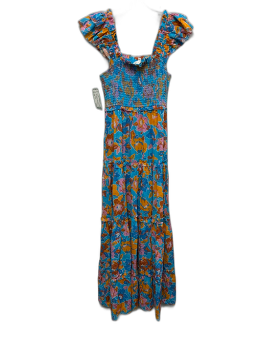 Love The Label Size XS Blue, Orange, pink Cotton Shirred Floral Maxi Dress Blue, Orange, pink / XS