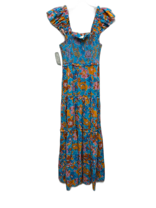 Love The Label Size XS Blue, Orange, pink Cotton Shirred Floral Maxi Dress Blue, Orange, pink / XS