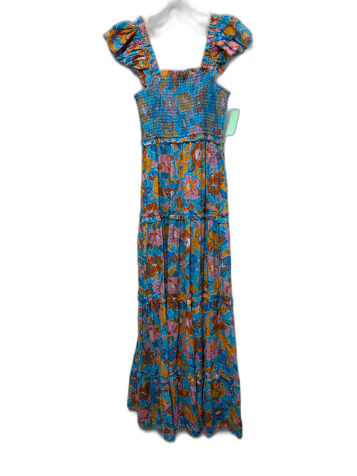 Love The Label Size XS Blue, Orange, pink Cotton Shirred Floral Maxi Dress Blue, Orange, pink / XS
