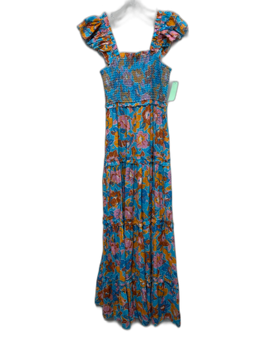 Love The Label Size XS Blue, Orange, pink Cotton Shirred Floral Maxi Dress Blue, Orange, pink / XS