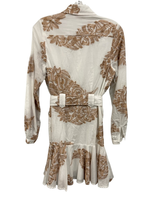 Ciebon Size XS white & tan Cotton Embroidered Button Front Long Sleeve Dress white & tan / XS