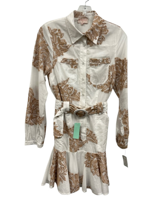 Ciebon Size XS white & tan Cotton Embroidered Button Front Long Sleeve Dress white & tan / XS