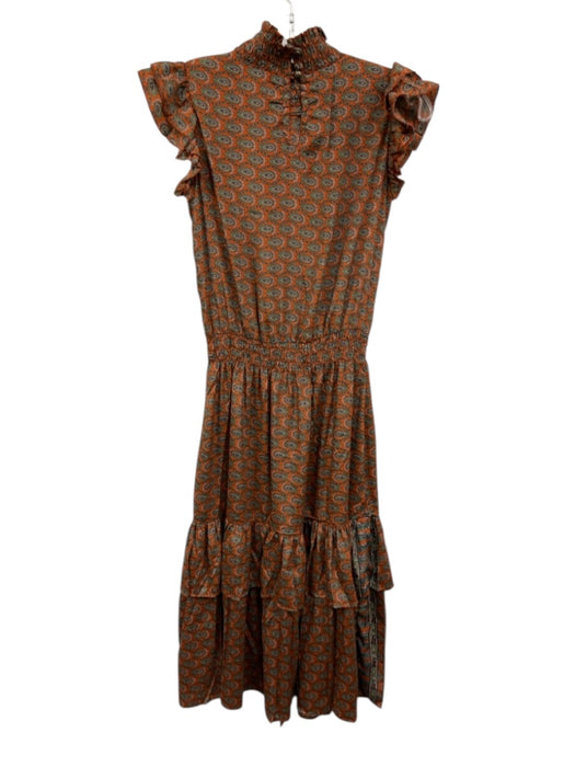 Perry Walker Size S burnt orange, green, blue Shirred Geometric Floral Dress burnt orange, green, blue / S