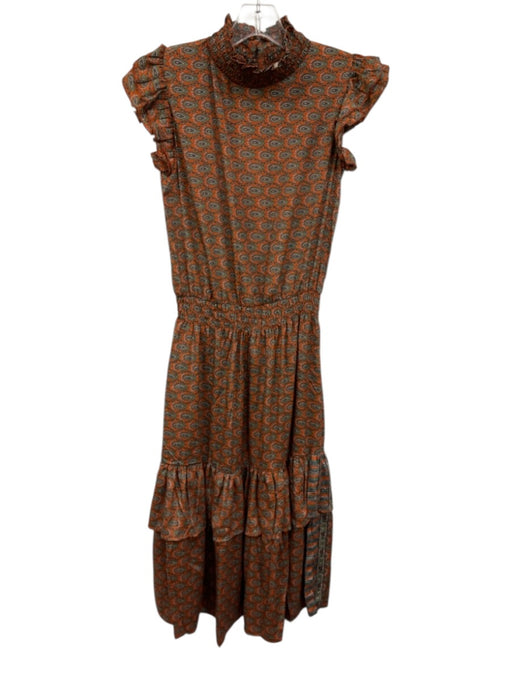 Perry Walker Size S burnt orange, green, blue Shirred Geometric Floral Dress burnt orange, green, blue / S