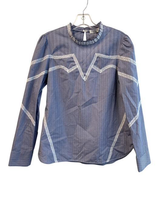 Sandro Size 2 Blue Cotton Round Neck Long Sleeve Lace Detail Gingham Top Blue / 2