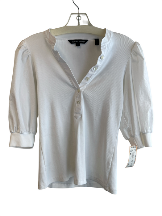 Veronica Beard Size XS White Pima Cotton Blend Ribbed Button Puff Sleeve Top White / XS