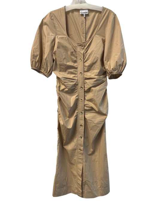 Ganni Size 36 Tan Cotton Scoop Neck 3/4 Balloon Sleeve Solid Color Dress Tan / 36