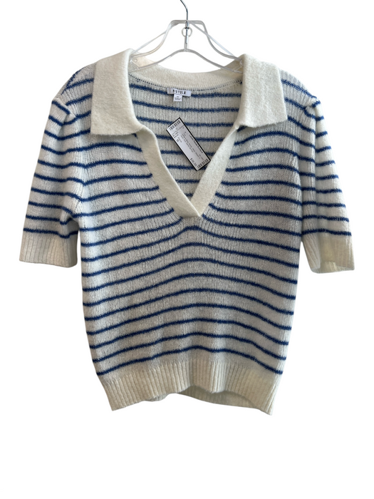 Pistola Size M White & Blue Acrylic Wool Striped V Neck Knit Top White & Blue / M