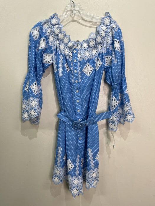 Miguelina Size XS Blue & White Cotton Embroidered Polka Dot 1/2 sleeve Romper