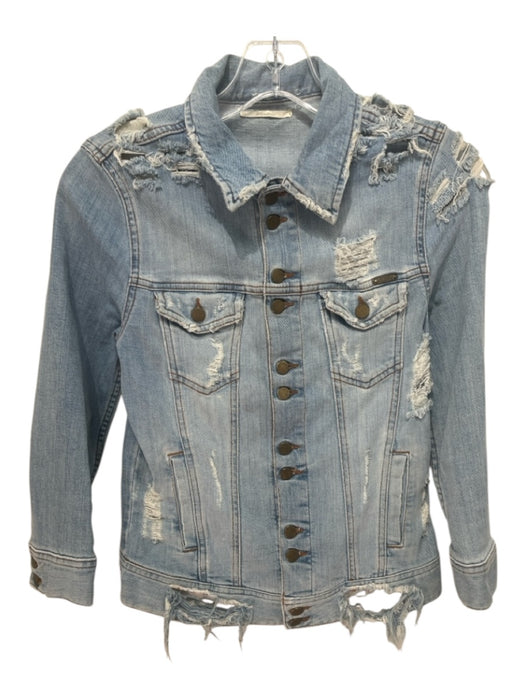 Acquaverde Size S Blue Cotton Blend Button Front Distressed Detail Crop Jacket Blue / S
