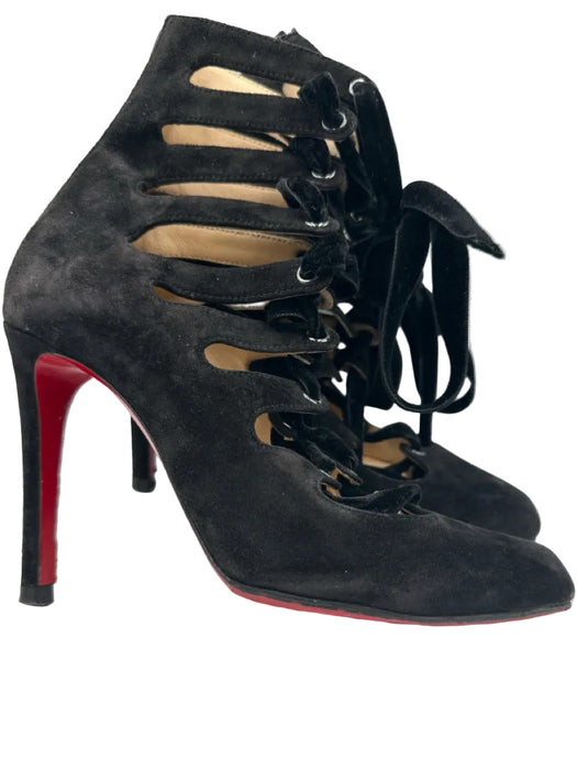 Christian Louboutin Shoe Size 37 Black Suede Velvet Ribbon Lace Up Cut Out Pumps