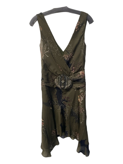 Haute Hippie Size 8 Olive green & Pink Silk Side Zip Floral V Neck Dress Olive green & Pink / 8