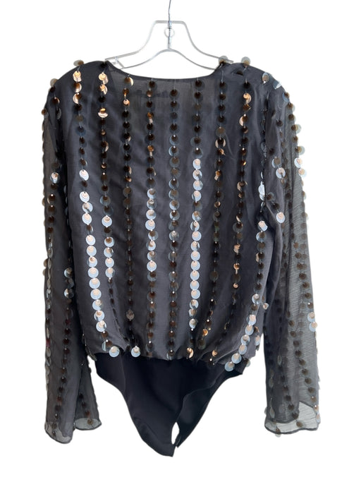 Zara Size S Gray & Black Polyester Faux Wrap Long Sleeve Sequin Button Bodysuit Gray & Black / S
