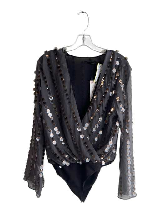 Zara Size S Gray & Black Polyester Faux Wrap Long Sleeve Sequin Button Bodysuit Gray & Black / S