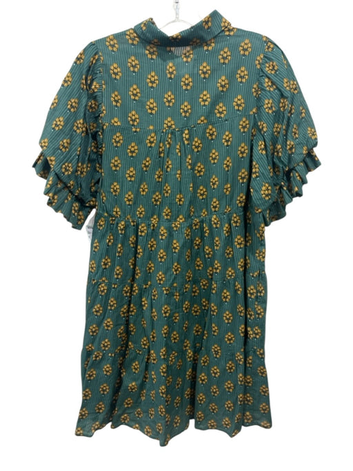 Printfresh Size XS Teal Green & Yellow Cotton Short Puff Sleeve Buttons Dress Teal Green & Yellow / XS
