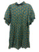 Printfresh Size XS Teal Green & Yellow Cotton Short Puff Sleeve Buttons Dress Teal Green & Yellow / XS