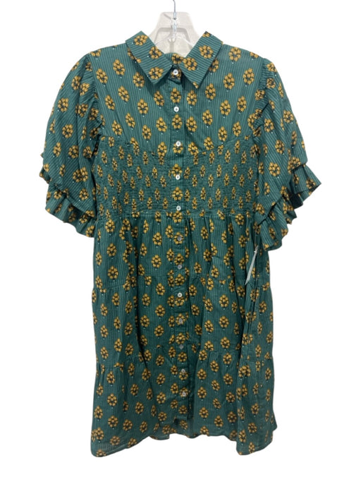 Printfresh Size XS Teal Green & Yellow Cotton Short Puff Sleeve Buttons Dress Teal Green & Yellow / XS