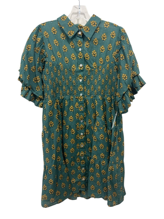 Printfresh Size XS Teal Green & Yellow Cotton Short Puff Sleeve Buttons Dress Teal Green & Yellow / XS