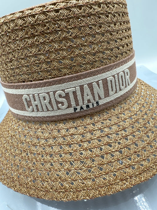 Christian Dior Beige & Pink Straw Woven Embroidered Band Bucket Sun Hat
