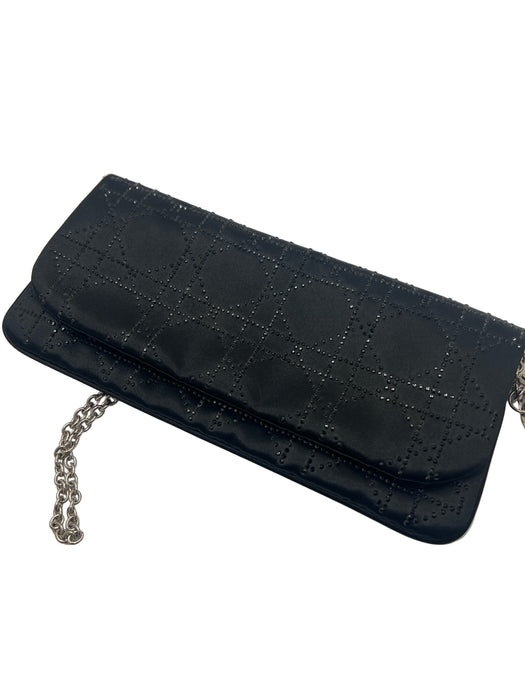 Christian Dior Black Satin Rhinestone Silver Hardware Logo Clutch Bag