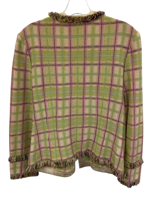 St John Size M Green, Pink, Black Wool Blend Knit Plaid Fringe Zip Cardigan Green, Pink, Black / M