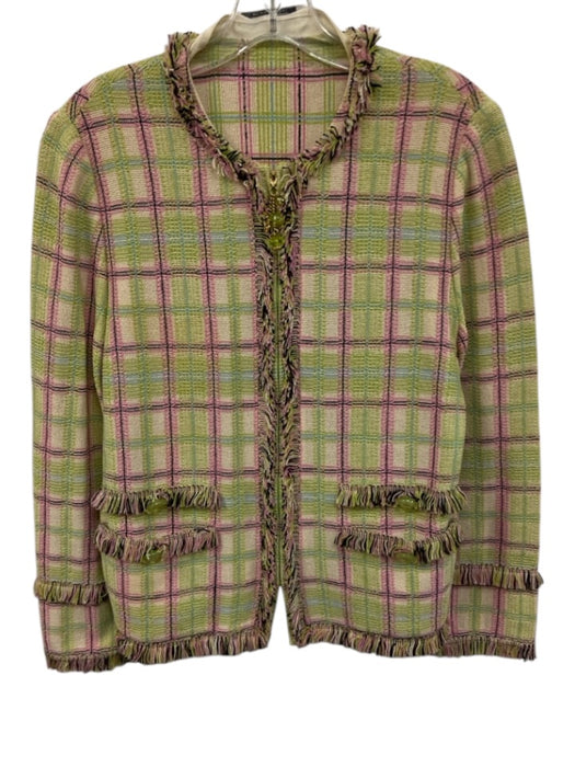 St John Size M Green, Pink, Black Wool Blend Knit Plaid Fringe Zip Cardigan Green, Pink, Black / M