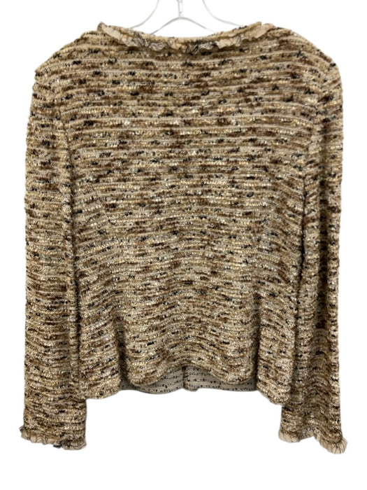 St John Size 8 tan, cream, black Wool Blend Boucle Ruffle Trim Collarless Jacket tan, cream, black / 8