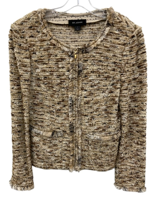St John Size 8 tan, cream, black Wool Blend Boucle Ruffle Trim Collarless Jacket tan, cream, black / 8