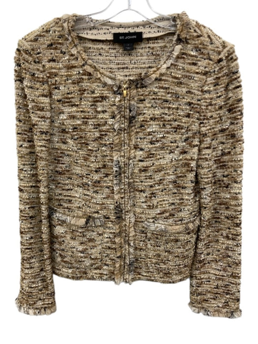 St John Size 8 tan, cream, black Wool Blend Boucle Ruffle Trim Collarless Jacket tan, cream, black / 8