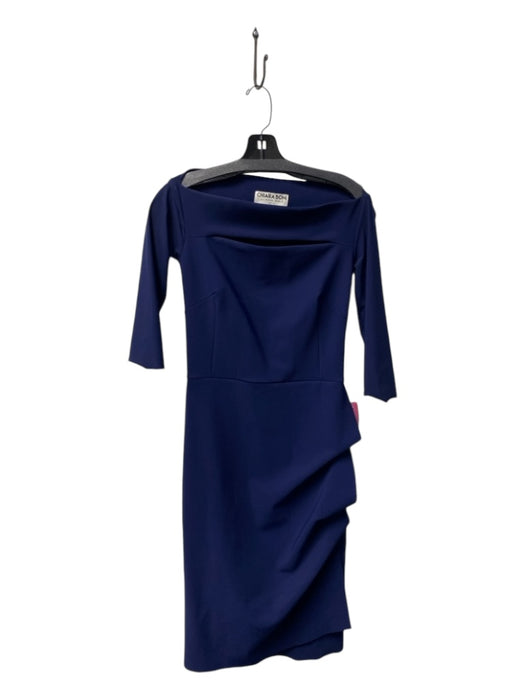 Chiara Boni Size 42 Navy Polymide Blend Wide Neck Chest Cut Out 3/4 Sleeve Dress Navy / 42