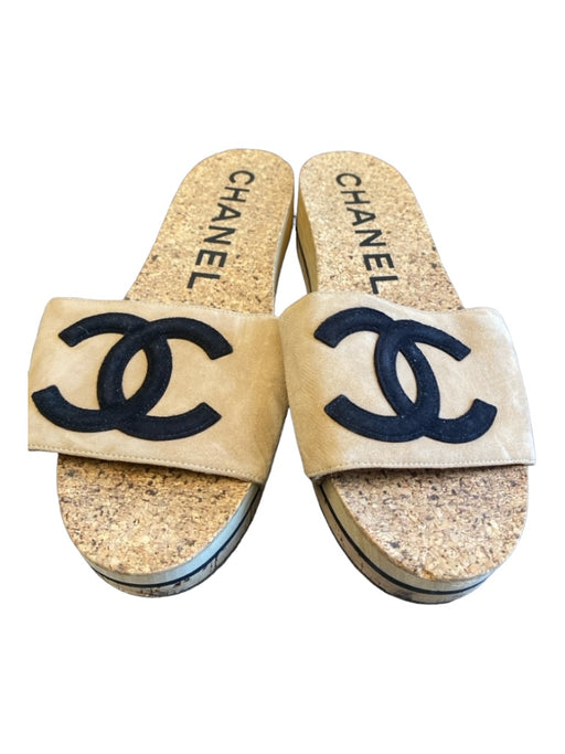 Chanel Shoe Size 40 Brown cork & suede Logo Round Toe Slides Platform Shoes Brown / 40