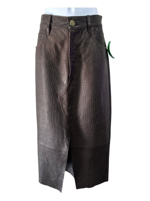 Frame Size 28 Brown Lamb leather Croc Embossed Zip & Button Midi Skirt Brown / 28
