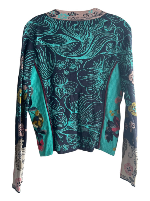 Ivko Size 38 Blue, Green, Multi Cotton Embroidered Floral Print Cardigan Sweater Blue, Green, Multi / 38